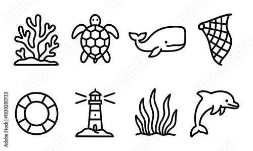 Marine icons: coral, turtle, whale, fishing net, life buoy, lighthouse, seaweed, dolphin