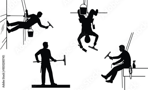 Silhouettes of professional window cleaners working at dangerous heights, using squeegees, buckets, and ropes, illustrating risky occupation and service.