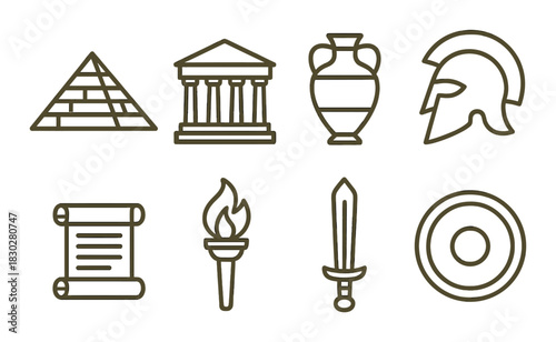 Ancient civilization icons: pyramid, temple, vase, helmet, scroll, torch, sword, shield