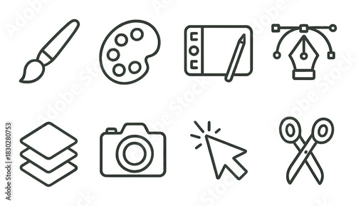 Digital art tools icon set on green background