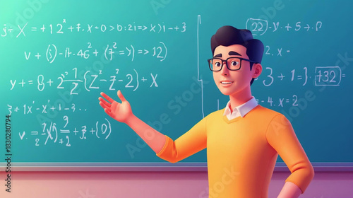 young man pointing at the blackboard