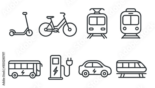 Vector icons of eco-friendly urban transport: scooter, bicycle, tram, train, bus, charging station, electric car