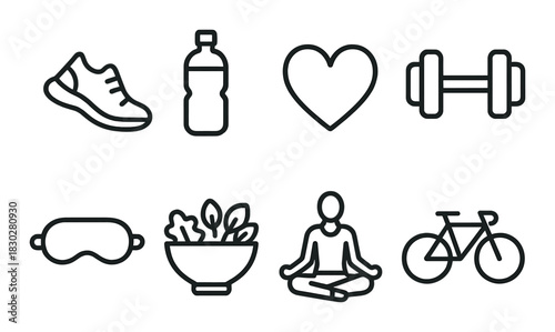 Health wellness icons: yoga, fitness, cycling, nutrition, relaxation symbols