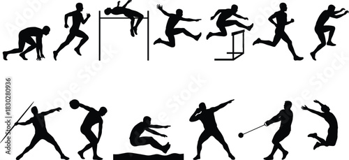 Silhouettes of track and field athletes competing in running, jumping, hurdles, and throwing events, illustrating various dynamic sports and athletic competition.