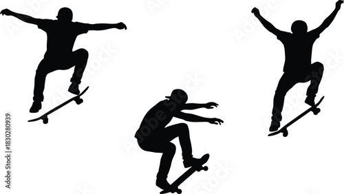 Silhouettes of skateboarders performing dynamic tricks and jumps in the air, illustrating extreme street sport, youth culture, freedom, and energetic action.
