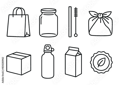 Eco-friendly icons set: reusable bag, jar, bottle, and more