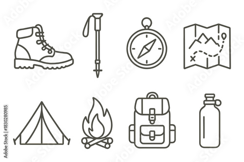 Minimalist outdoor icons featuring hiking boot, compass, map, and camping gear