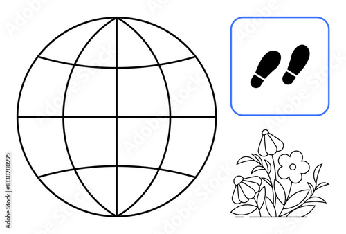 Globe overlapping footsteps and flowers highlights sustainability, eco-living, and global ecological balance. Ideal for environment, ecology, clean energy, conservation, earth day, sustainable