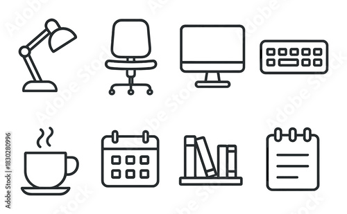 Office icons set: lamp, chair, computer, keyboard, coffee cup, calendar, books, notepad