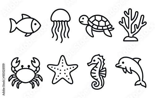 Marine life icons featuring fish, jellyfish, turtle, coral, crab, starfish, seahorse, dolphin