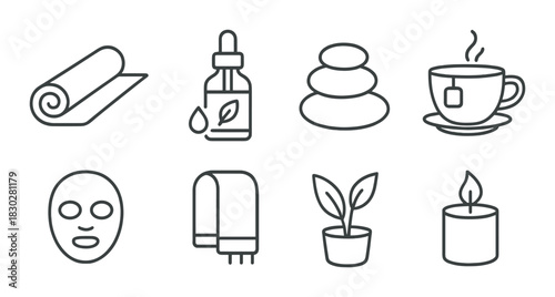 Spa and relaxation icons: yoga, aromatherapy, tea, massage, skincare, candle