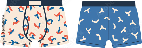 Men’s boxer briefs front view flat sketch, abstract pattern waistband patch fly detail, cad drawing flat vector illustration underwear fashion template