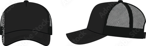 Mesh trucker cap front and side flat sketch, curved brim adjustable strap ventilation detail, cad drawing flat vector illustration fashion template