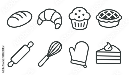 Assorted bakery icons: bread, croissant, cupcake, pie, and baking tools