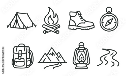 Camping icons: tent, campfire, hiking boot, compass, backpack, mountains, lantern, trail