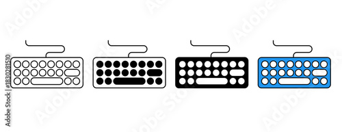 Minimal keyboard icon set with outline, solid, and color styles isolated on white background. Perfect for tech apps, computer UI, gadget illustrations, device interfaces, and modern digital designs.