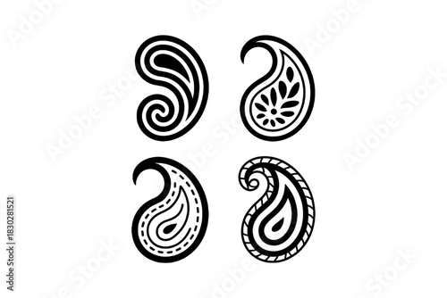 Set of Intricate Black and White Outline Paisley Design Elements