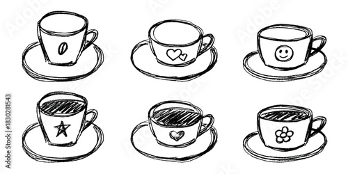 Set of cute hand drawn cup of tea or coffee Simple mug clipart Cozy home doodle Single element for design