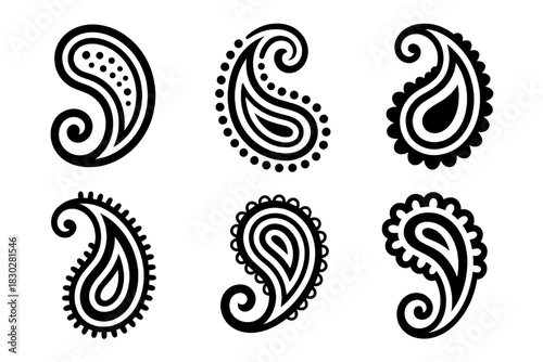 Set of Half Black and White Paisley Design Elements and Border Motifs