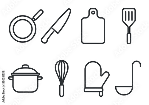 Silhouette of essential kitchen tools on dark background