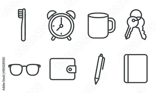Set of everyday icons: toothbrush, alarm, mug, keys, glasses, wallet, pen, notebook