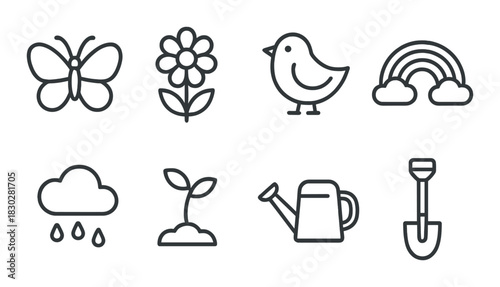 Nature themed outlines: butterfly, flower, bird, rainbow, rain, seedling, watering can, shovel