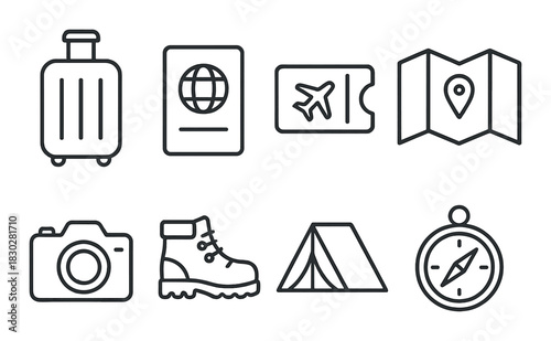 Travel essentials: luggage, passport, ticket, map, camera, boots, tent, compass icons