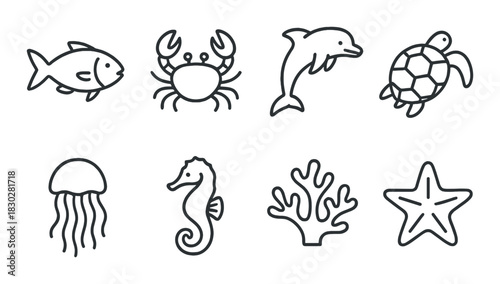 Marine icons: fish, crab, dolphin, turtle, jellyfish, seahorse, coral, starfish