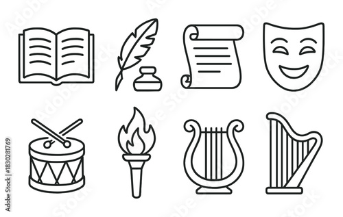 Cultural icons: book, quill, scroll, mask, drum, torch, lyre, harp outline