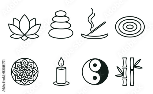 Zen symbols: lotus, stones, incense, spiral, mandala, candle, yin yang, bamboo art