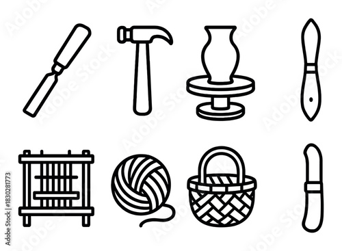 Craft icons: pottery, woodworking, weaving, painting, knitting tools