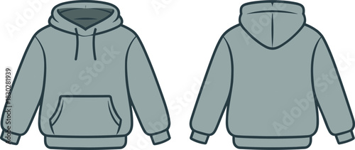Light gray hooded sweatshirt front and back view, drawstring kangaroo pocket flat vector fashion sketch for garment design or apparel catalog template