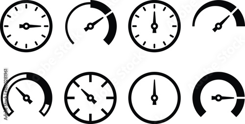 Tachometer and Speedometer Gauge Icon Set, Performance Indicator, Measurement, Maximum Speed, Dashboard, Progress, Rating, and Evaluation Outline Symbols Vector