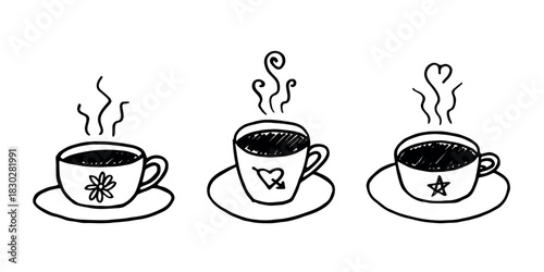 Set of cup of tea or coffee with rising steam Simple mug clipart Cozy home doodle Single element for print, web, design, decor