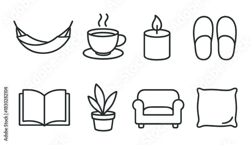 Cozy comfort icons: hammock, coffee, candle, slippers, book, plant, sofa, pillow
