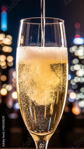 Sparkling wine poured into champagne flute at night.