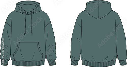 Hooded sweatshirt front and back flat sketch, drawstring hood kangaroo pocket ribbed cuff hem detail, cad drawing flat vector illustration fashion template