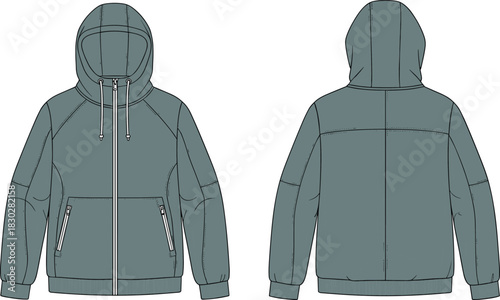 Hooded jacket front and back flat sketch, ergonomic sleeve seam zip pocket ribbed cuff hem detail, cad drawing flat vector illustration template