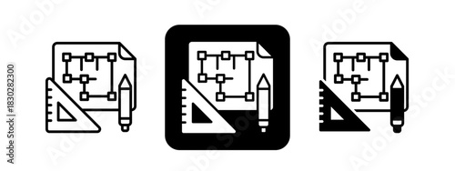 Blueprint  Solid color and black line drawing vector illustration set