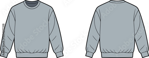 Gray crewneck sweatshirt front and back view, ribbed neckline cuffs hem, flat vector fashion sketch for garment design or apparel catalog template
