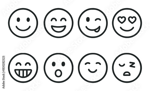 Set of eight simple emoji faces displaying various expressions
