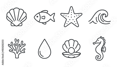 Set of nautical icons: shell, fish, starfish, wave, coral, waterdrop, pearl, seahorse