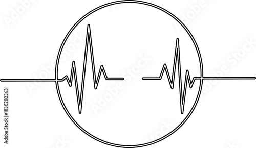 Black and white line art icon representing a heart rate monitor or electrocardiogram ecg waveform inside a circle, isolated on white background