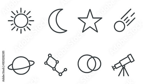 Astronomy symbols: sun, moon, star, comet, planet, constellation, eclipse, telescope