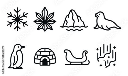 Arctic icons: snowflake, iceberg, seal, penguin, igloo, sleigh, aurora