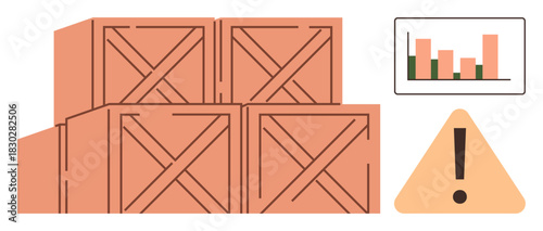 Stacked wooden crates, data chart, and caution sign represent storage issues, inventory analysis, logistics, risk management, safety, supply chain optimization and operational efficiency. Simple