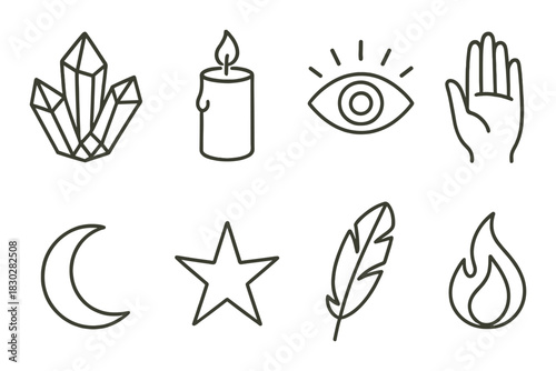 Mystical symbols: crystal, candle, eye, hand, moon, star, feather, flame designs