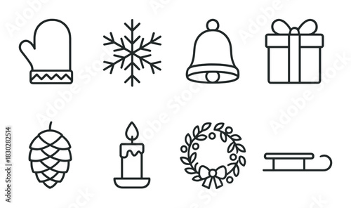 Monochrome winter icons: mittens, snowflake, bell, gift, pinecone, candle, wreath, sled