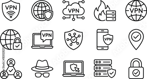 VPN and Cyber Security Line Icon Set, Virtual Private Network, Global Data Protection, Encryption, Server Security, Incognito Mode, and Anonymous Internet Access