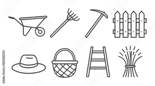 Essential farming tools and equipment icons on rustic background